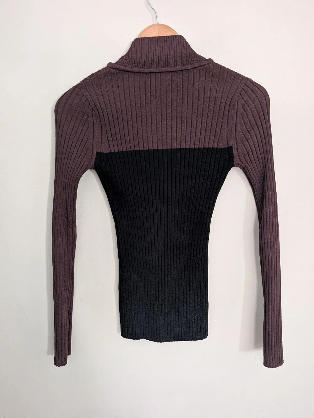 Marina Moscone Brown Colorblock Mock Neck Rib Sweater Size XS